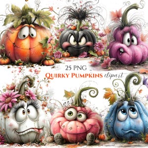 May include: A collection of six cartoon pumpkins in various colors, including orange, black, pink, white, and blue. Each pumpkin has expressive eyes and whimsical features. The text "25 PNG Quirky Pumpkins clipart" is also visible.