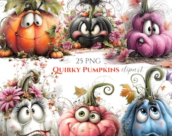 Paquete de imágenes prediseñadas de calabazas otoñales: personajes otoñales en acuarela, tonos de cosecha (25 PNG)