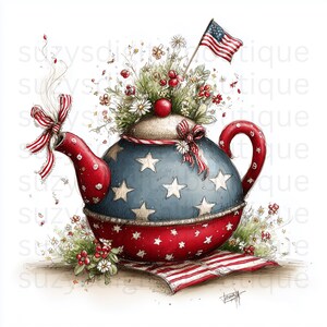 May include: A patriotic teapot illustration with a red and blue color scheme. The teapot features a blue body with white stars, a red base, and a red handle. A small American flag and floral arrangement adorn the top. A red and white striped bow is tied to the spout.