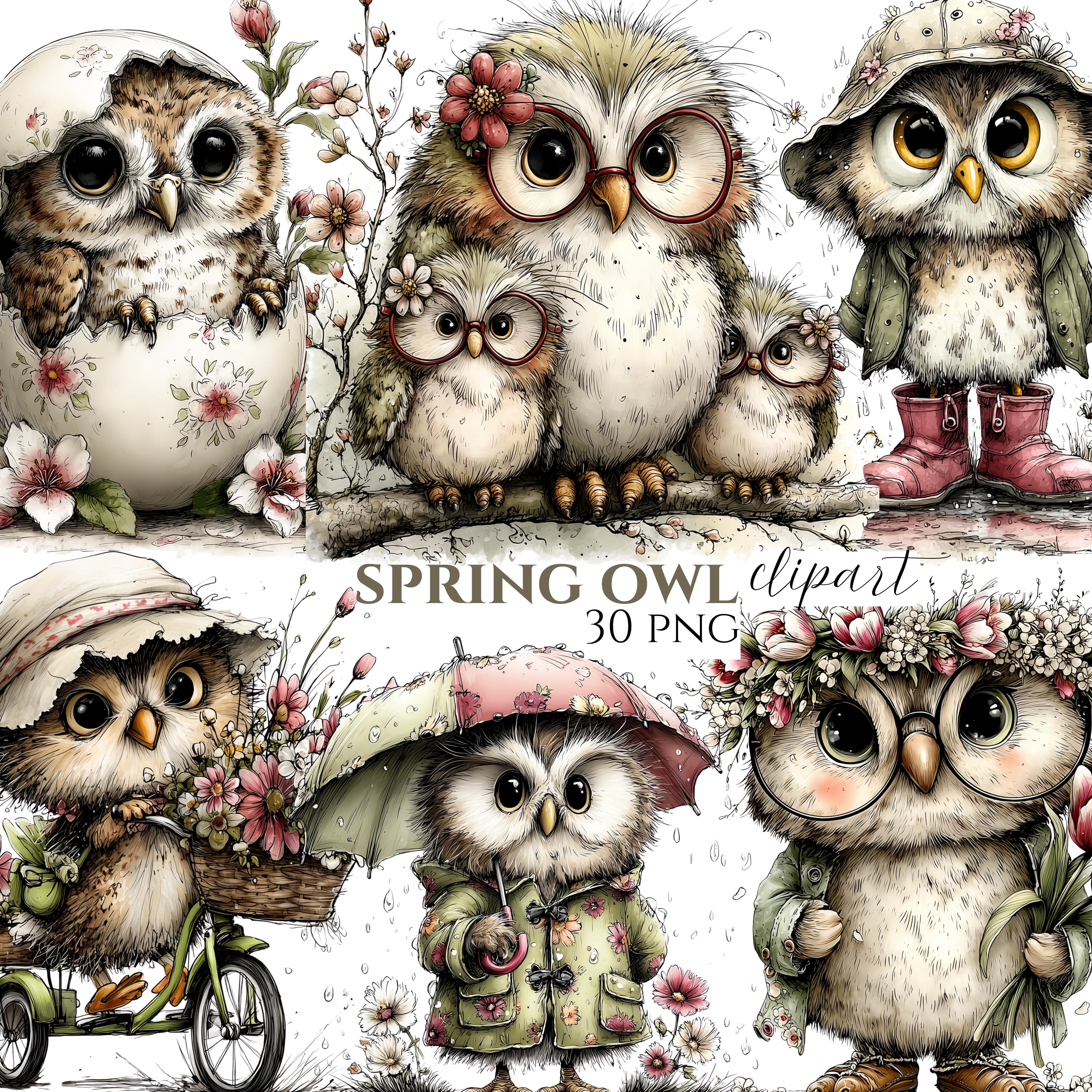 Whimsical Spring Owl Clipart Bundle, Cottagecore Nursery Graphics (30 PNG)