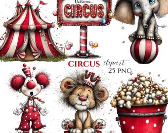 Vintage Circus Animals Clipart Bundle, Carnival Tent Clown Graphics (25 PNG)
