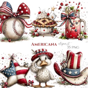 Puede incluir: Ilustraciones en acuarela con temática americana. Incluye una pelota de béisbol con un lazo patriótico, una tarta cubierta con cerezas, un tarro Mason con una pajita a rayas, una decoración en forma de estrella, un pato con sombrero y un sombrero de vaquero. También está presente el texto "AMERICANA clipart 35 PNG".