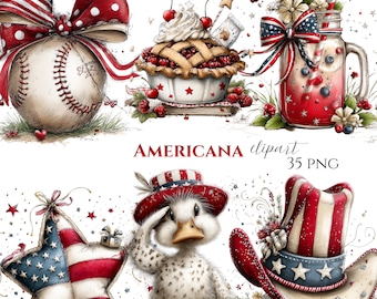 Peut inclure: Illustrations à l'aquarelle sur le thème de l'Americana. L'image comprend une balle de baseball avec un nœud patriotique, une tarte garnie de cerises, un bocal Mason avec une paille rayée, une décoration en forme d'étoile, un canard portant un chapeau et un chapeau de cow-boy. Le texte "AMERICANA clipart 35 PNG" est également présent.