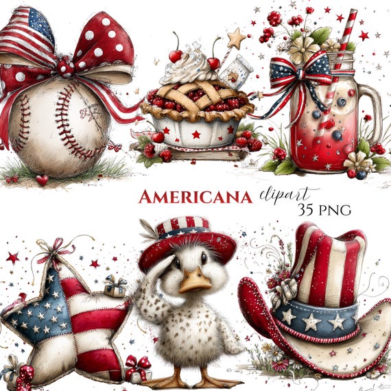 Americana 4th of July Clipart – Hand Drawn Patriotic Sketch PNGs, Rustic Farmhouse (35 PNG)