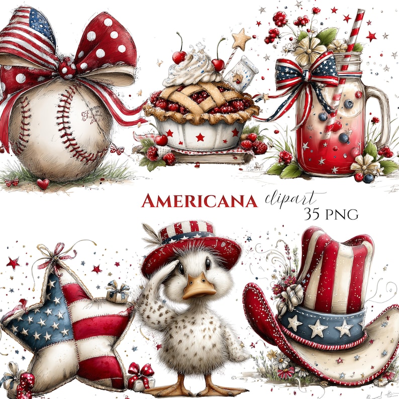 May include: Watercolor illustrations with an Americana theme. Includes a baseball with a patriotic bow, a pie topped with cherries, a mason jar with a striped straw, a star-shaped decoration, a duck wearing a hat, and a cowboy hat. The text "AMERICANA clipart 35 PNG" is also present.