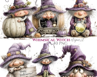 May include: A collection of six illustrations featuring characters in purple pointed hats. One holds a large pumpkin, one sits in a pumpkin carriage with a black cat, one holds a glowing potion, one holds a sign reading Happy Halloween, one sits on a pumpkin, and one peeks over a ledge. Text reads WHIMSICAL WITCH clipart 40 PNG.