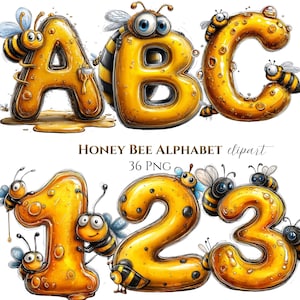 Peut inclure: Illustration fantaisiste de l'alphabet et des chiffres, chacun avec une texture de miel et orné d'abeilles de dessin animé. Les lettres A, B et C, ainsi que les chiffres 1, 2 et 3 sont présentés. Le texte "HONEY BEE ALPHABET clipart" est également visible.
