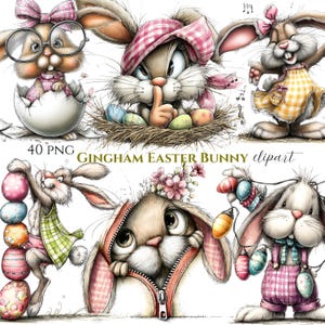May include: A collection of whimsical Easter bunny clipart images. The bunnies are depicted in various poses, wearing gingham clothing and accessories, and interacting with Easter eggs and decorations. The text "Gingham Easter Bunny clipart" is included.