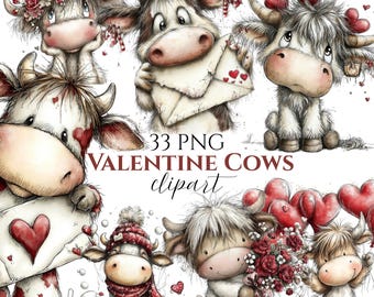 May include: A collection of whimsical illustrations featuring cartoon cows with Valentine's Day themes. The cows are adorned with hearts, flowers, and winter accessories. The text "33 PNG VALENTINE COWS clipart" is displayed.