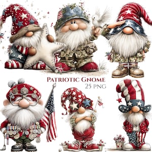 Peut inclure: Illustration num&eacute;rique de gnomes patriotiques aux couleurs rouge, blanc et bleu. Les gnomes sont repr&eacute;sent&eacute;s dans diverses poses, certains tenant des &eacute;toiles, saluant ou portant des tenues militaires. Le texte "Patriotic Gnome 25 PNG" est inclus.