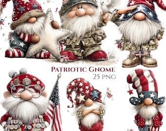 Patriotic Gnome Clipart Bundle, 4th of July Gnomes, Red White Blue Sublimation (25 PNG)