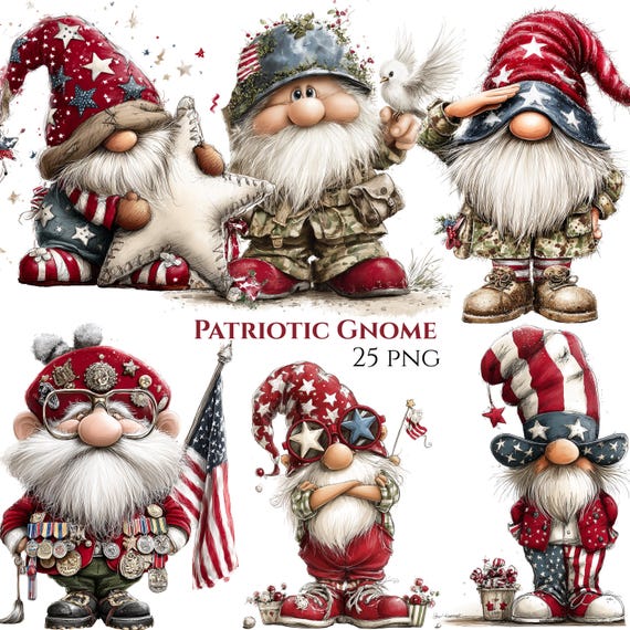 Patriotic Gnome Clipart Bundle, 4th of July Gnomes, Red White Blue Sublimation (25 PNG)