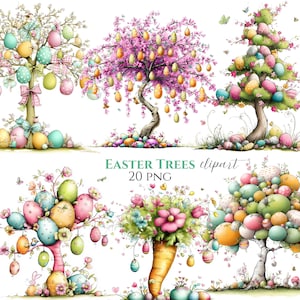 Puede incluir: Clipart de acuarela con varios árboles de Pascua adornados con huevos y flores de colores. Los árboles tienen varias formas y tamaños, algunos con flores rosas y otros con follaje verde. También se ve el texto "EASTER TREES clipart 20 PNG".