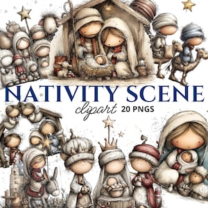 May include: Watercolor illustration of a Nativity scene with the text "NATIVITY SCENE clipart 20 PNGS". The image features cartoon figures of Mary, Joseph, baby Jesus, angels, and the three wise men. The color palette includes soft browns, whites, and reds.