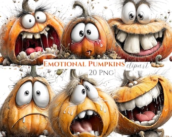 May include: A collection of six orange pumpkins with exaggerated facial expressions, large eyes, and prominent teeth. The text EMOTIONAL PUMPKINS 20 PNG is centered in the middle. Each pumpkin displays distinct emotions including joy, sadness, and shock.