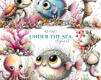 Whimsical Under the Sea Clipart Bundle – Cartoon Ocean Animals (Digital Download 42 PNG)