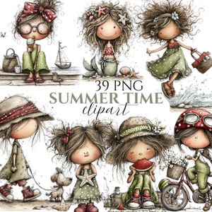 Sommarflicka Clipart-paket, nyckfull tecknad digital nedladdning, strandflickabilder (39 PNG) bild 1