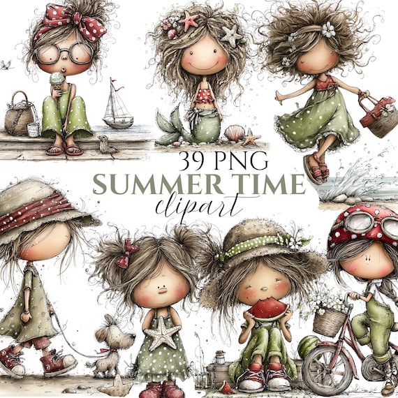 Summer Girl Clipart Bundle, Whimsical Cartoon Digital Download, Beach Girl Images (39 PNG)