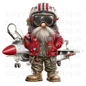 Peut inclure: Illustration num&eacute;rique d'un gnome v&ecirc;tu d'un uniforme de pilote de chasse, avec une veste rouge, un casque d'aviateur et des bottes. Un avion de chasse est derri&egrave;re le gnome. Le gnome a une longue barbe blanche et porte une combinaison de vol.