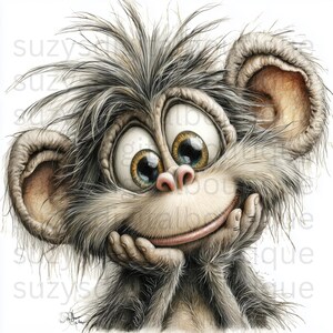 May include: A whimsical cartoon monkey with large, expressive eyes and a gentle smile. The monkey's fur is a mix of gray and white, with a pink nose and ears. It is resting its chin on its hands.