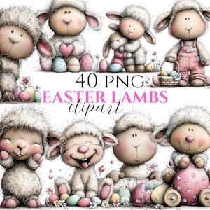 Puede incluir: Ilustración digital de lindos corderos de Pascua con huevos y un conejito. La imagen incluye el texto "40 PNG Easter Lambs clipart" en rosa y negro. Los corderos están en varias poses, algunos sosteniendo cestas y abrazándose.