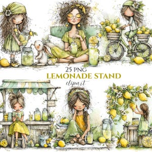 May include: A collection of watercolour clipart illustrations depicting girls, lemons, and lemonade stands. The images include girls with lemonade, a bunny, and a bicycle with baskets of lemons. The text on the image reads "25 PNG LEMONADE STAND clipart."
