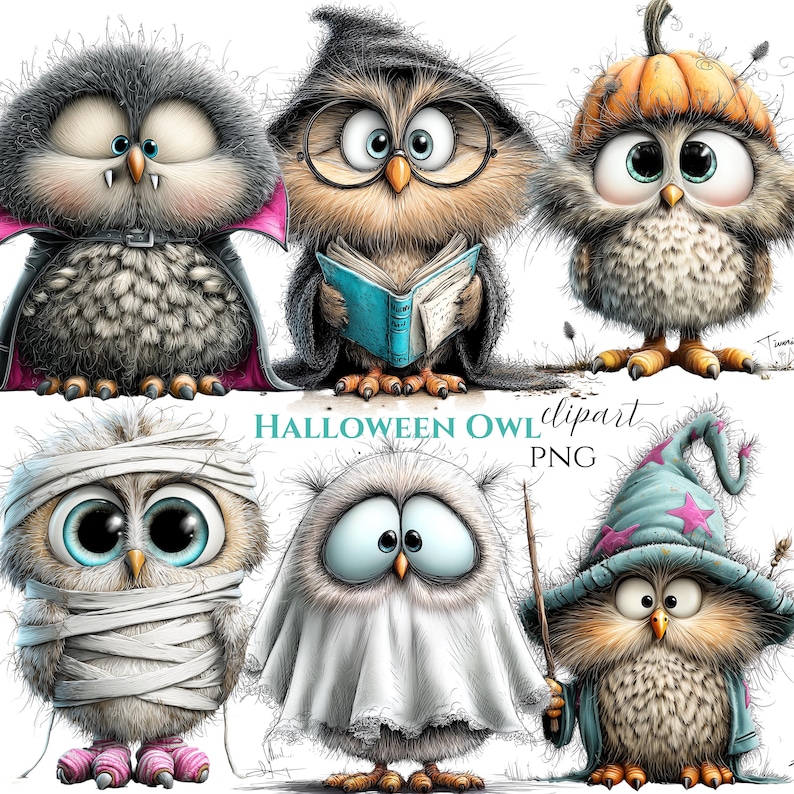 May include: A collection of six cartoon owls dressed in Halloween costumes. The owls are depicted as a vampire, a witch, a pumpkin, a mummy, a ghost, and a wizard. The text "Halloween Owl clipart PNG" is also included.
