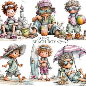 Peut inclure: Clipart à l'aquarelle représentant six illustrations de garçons de plage. Les garçons sont représentés avec des lunettes de soleil, des tenues de plage et des accessoires comme une planche de surf, un ballon de plage et un parasol. Le texte "30 PNG BEACH BOY clipart" est également inclus.