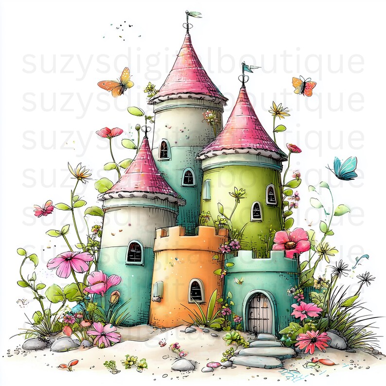 May include: A whimsical illustration of a colorful castle with pink-topped turrets, surrounded by flowers and butterflies. The castle features various pastel colors, including green, orange, and blue, creating a fairytale aesthetic.