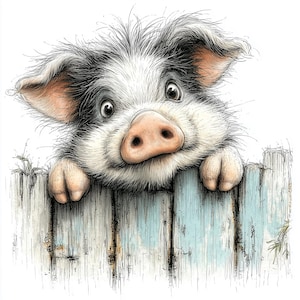 May include: A whimsical illustration of a piglet with black and white fur, a pink snout, and large eyes, peeking over a weathered, light blue wooden fence. The piglet's paws rest on the fence, creating a charming, friendly image.