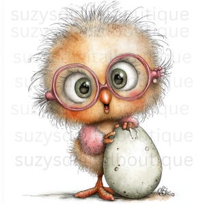May include: A whimsical illustration of a baby chick wearing pink-rimmed glasses, holding a cracked egg. The chick has large green eyes, a pink chest, and a fluffy, light-brown body. The egg is off-white with small speckles. The overall style is cartoonish and cute.