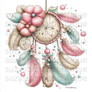 May include: A watercolor dreamcatcher with pink and blue feathers, beads, and flowers. The dreamcatcher has a beige web and a pink rim. The design includes decorative pink and blue accents, and a hanging bow.