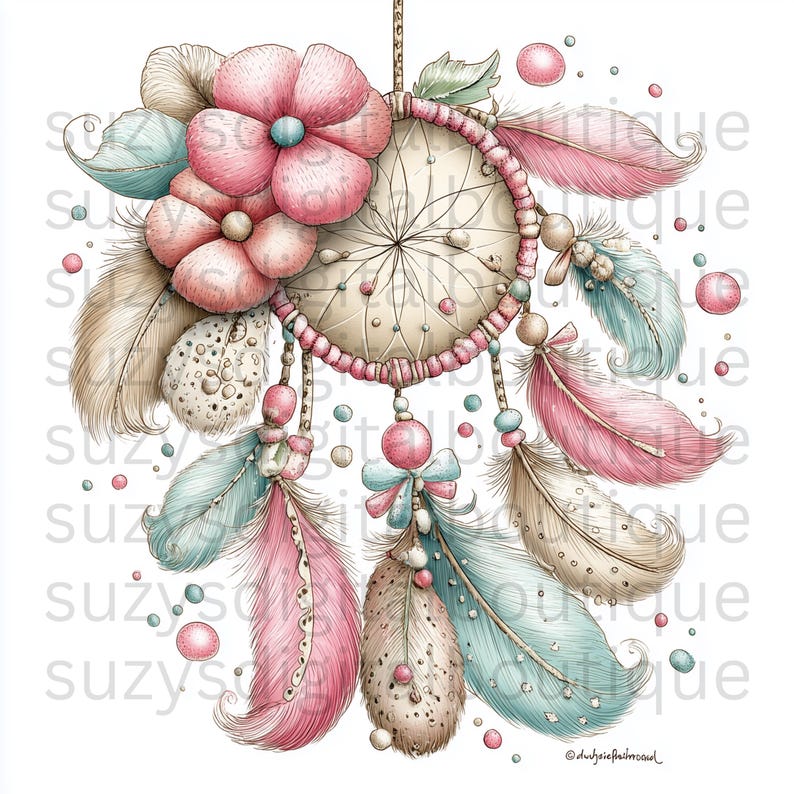May include: A watercolor dreamcatcher with pink and blue feathers, beads, and flowers. The dreamcatcher has a beige web and a pink rim. The design includes decorative pink and blue accents, and a hanging bow.