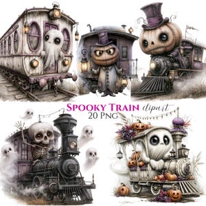 Spooky Watercolor Halloween Train Clipart, Skeleton Ghost Pumpkin PNG Bundle (20 Files)