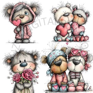 May include: A collection of cute cartoon teddy bears in various poses. One bear wears a pink hooded jacket and holds a heart-shaped lollipop. Other bears hold hearts or flowers, and some wear hats and scarves. The illustrations have a soft, textured style.