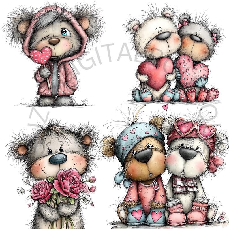 May include: A collection of cute cartoon teddy bears in various poses. One bear wears a pink hooded jacket and holds a heart-shaped lollipop. Other bears hold hearts or flowers, and some wear hats and scarves. The illustrations have a soft, textured style.