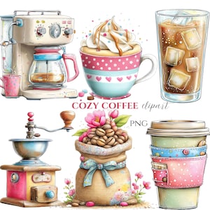 Puede incluir: Ilustración en acuarela de elementos relacionados con el café. Incluye una cafetera, una taza de café con crema batida, un vaso de café helado, un molinillo de café, una bolsa de granos de café y una taza de café para llevar. También incluye el texto "COZY COFFEE clipart".