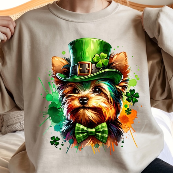 St Patricks Day Yorkie Puppy Clipart, Leprechaun Hat PNG (Digital Download)