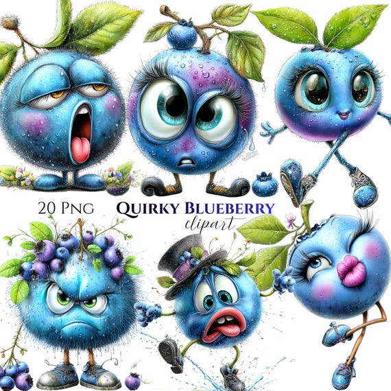 Funny Watercolor Blueberry Clipart | Whimsical Fruit PNGs for Nursery (20 PNG)