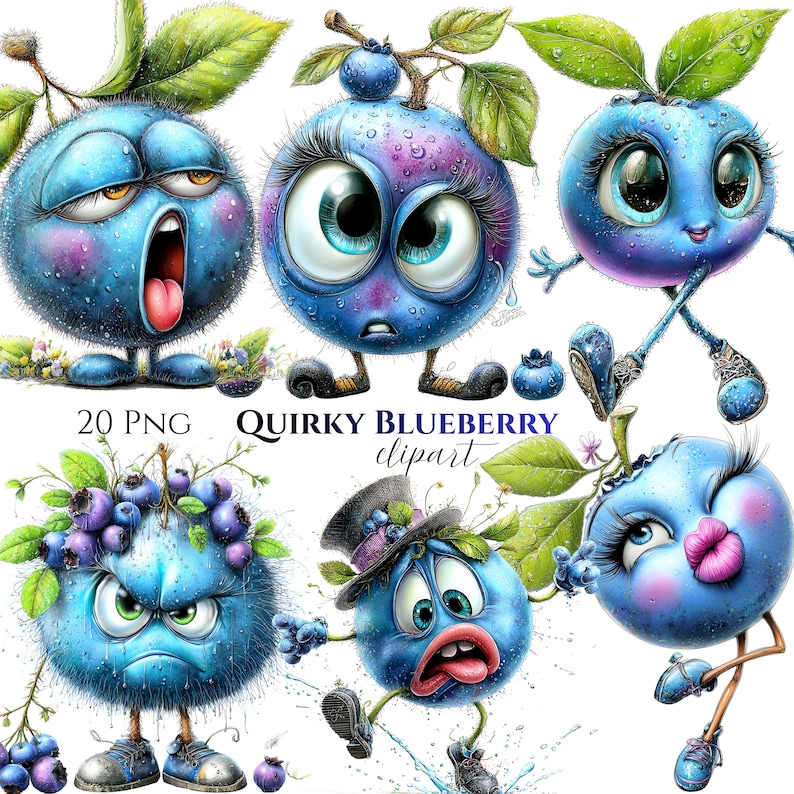 Funny Watercolor Blueberry Clipart | Whimsical Fruit PNGs for Nursery (20 PNG) image 1