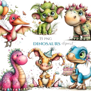 May include: A set of cartoon dinosaur clipart images in various colours. Some dinosaurs are holding balloons, wearing party hats, and carrying a cake. The text "35 PNG DINOSAURS clipart" is displayed in blue.