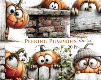 May include: Digital clipart featuring whimsical orange pumpkins with expressive eyes, peeking over fences, walls, and a wooden surface. The text "PEEKING PUMPKINS clipart 20 PNG" is visible. Perfect for fall-themed designs.