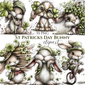 Puede incluir: Ilustración digital con varios conejitos adorables vestidos para el Día de San Patricio. Los conejitos llevan sombreros verdes y están rodeados de tréboles. El texto "ST PATRICKS DAY BUNNY clipart" también es visible.