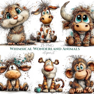 Peut inclure: Ensemble d'illustrations de cliparts d'animaux fantaisistes. L'image présente des animaux de dessins animés, dont un écureuil, un âne, un taureau, un cerf, un tigre et un singe. Le texte "25 PNG WHIMSICAL WONDERLAND ANIMALS clipart" est également inclus.