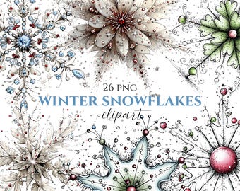 Whimsical Snowflake Clipart Bundle | 26 Ornate Winter Snowflakes PNG (Digital Download)