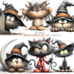 May include: A collection of six cartoon Halloween cat clip art images. The cats are depicted in various costumes, including witch hats, devil horns, and bat wings. The text "25 PNG Halloween Cat clipart" is displayed.