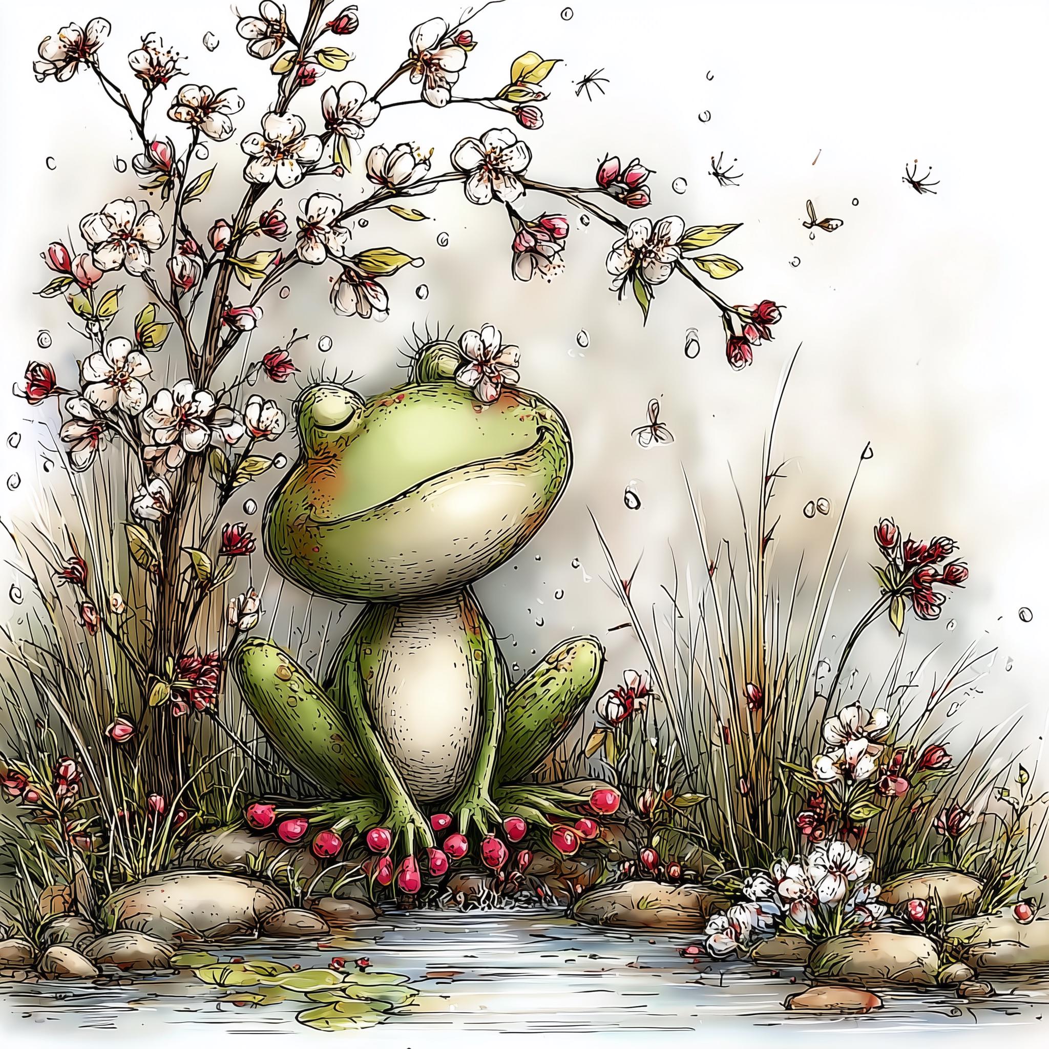 Spring Frog Drawing Watercolor Frog Clipart Bundle, Cottagecore Spring Animal Art (25 PNG ...