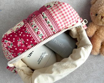 Handmade Cotton Quilted Makeup Bag - Red & Green Holiday Cosmetic Pouch - Gift for Women