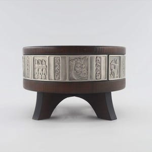 Mid-Century Danish handcrafted wooden bowl with pewter Viking relief 1960s Danmark Scandi Design - Nordic mythology and folklore