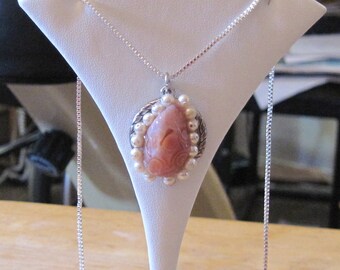 Natural Gemstone Agate Sterling Silver Necklace, Natural Agate Pendant Crystal Women's Necklace, Natural Pink Agate Gemstone Necklace